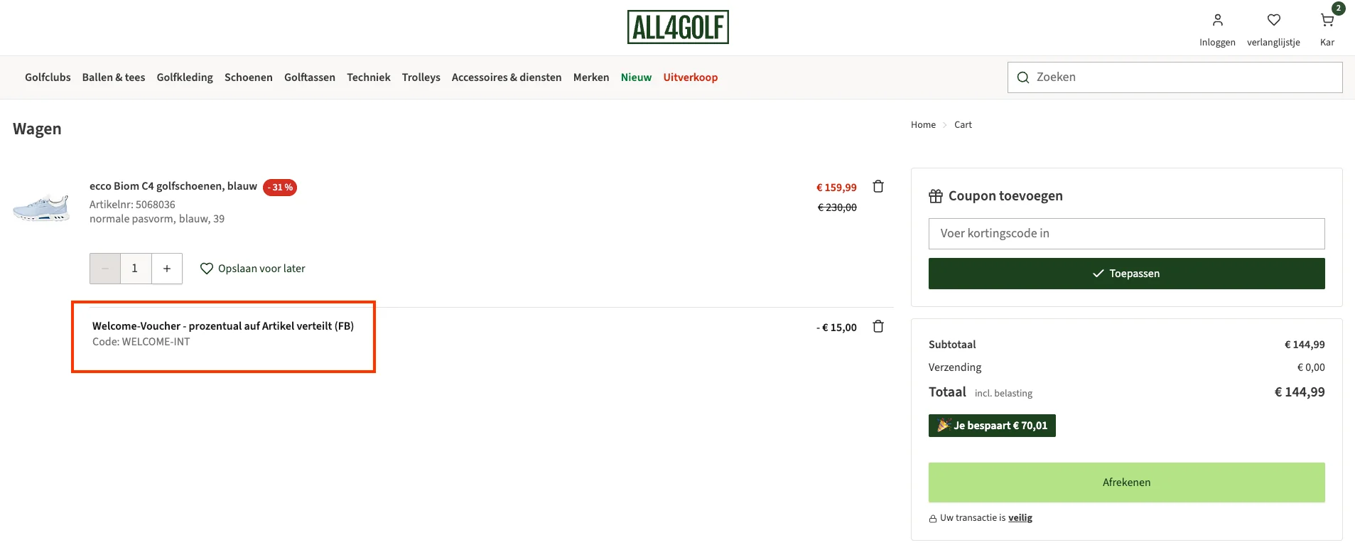 Bewijs van coupon - All4Golf - All4Golf [[welkomstkortingscode]] 5% korting op alle golfartikelen